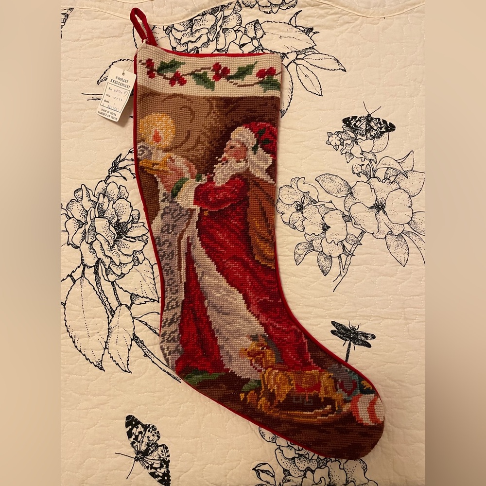 Vintage Christmas Candlelight Santa Needlepoint Stocking RARE NWT 22in